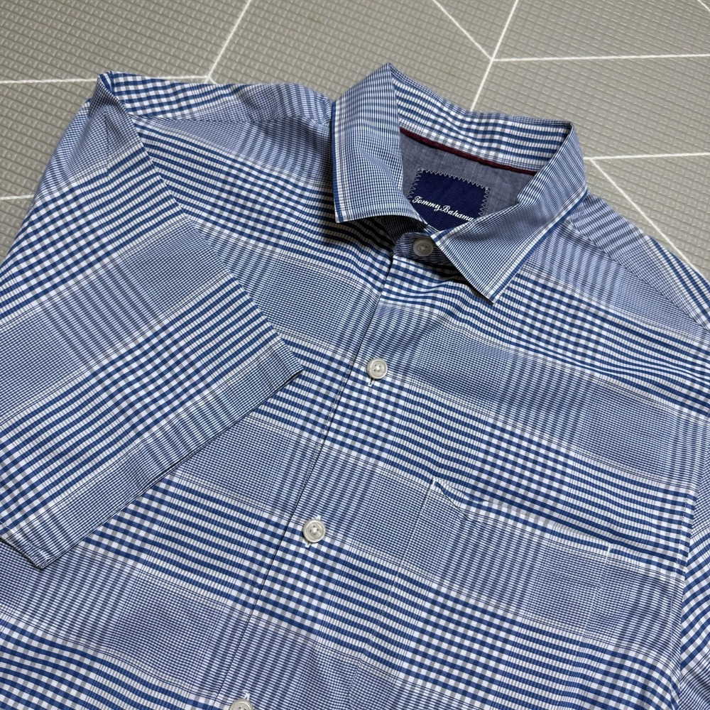 Tommy Bahama Blue Plaid Shirt M Short Sleeve Button Down Cotton Silk Blend
